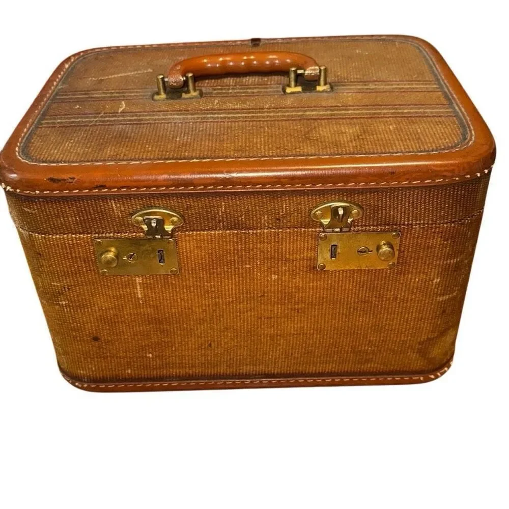 VTG MCM WOODEN, tweed, textured train case w mirror Hard Shell Train/Cosmetic/Ma